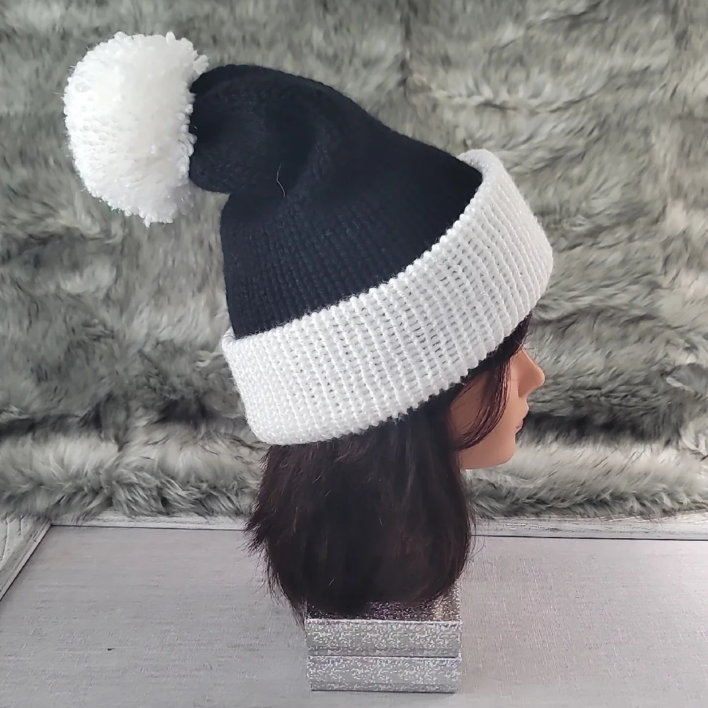 Handmade Woman's Black & White Beanie with pom pom.